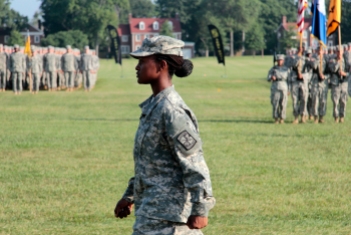 Cadet Jackson of Hampton University walks off the field after reciting the Cadet Creed during LDAC 7th and 8th Regiments' graduation ceremony. Photo By: Erica Lafser