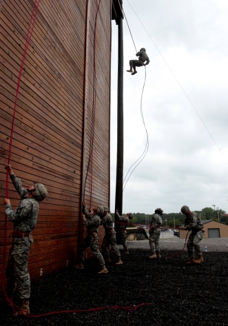LDAC Regiment 7 Cadets take turns rappelling and belaying during the Rappel Training. Photo By: Erica Lafser
